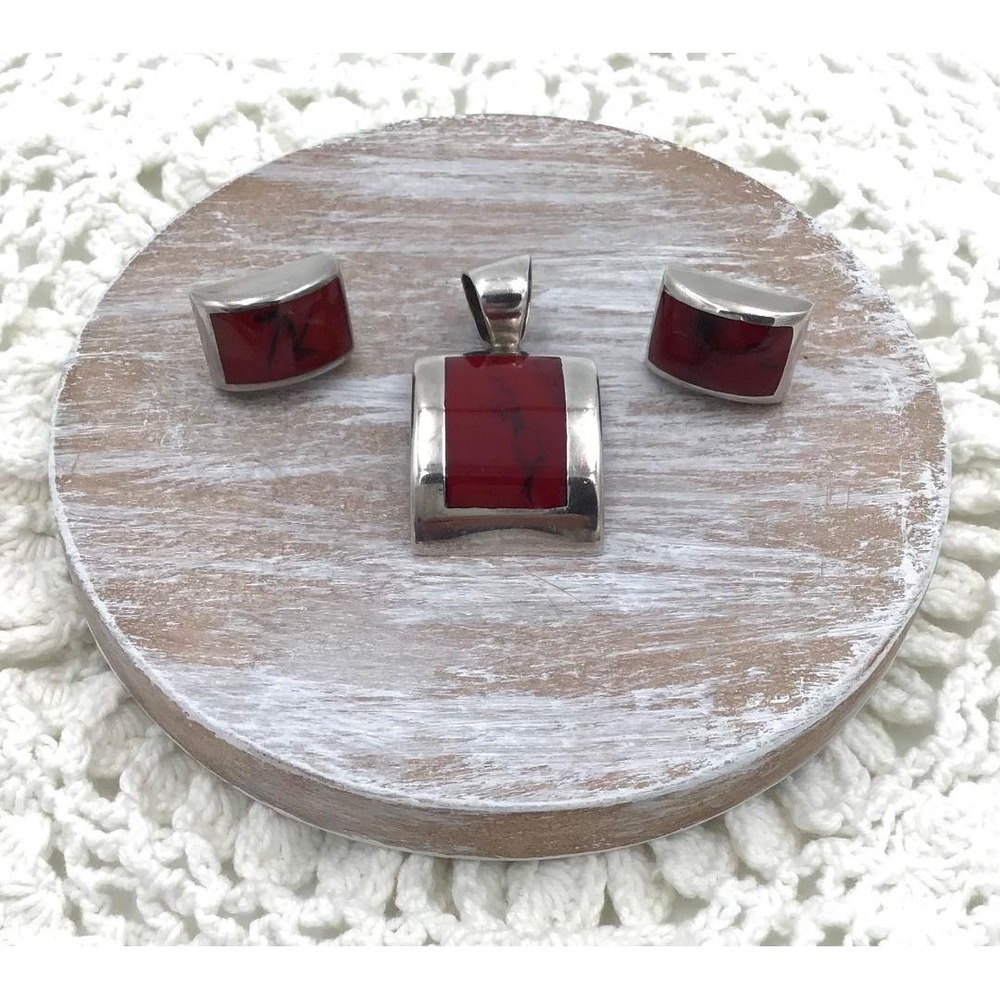 Silpada Sterling Silver 925 Red Jasper Pendant & Stud Earring Set Western Boho